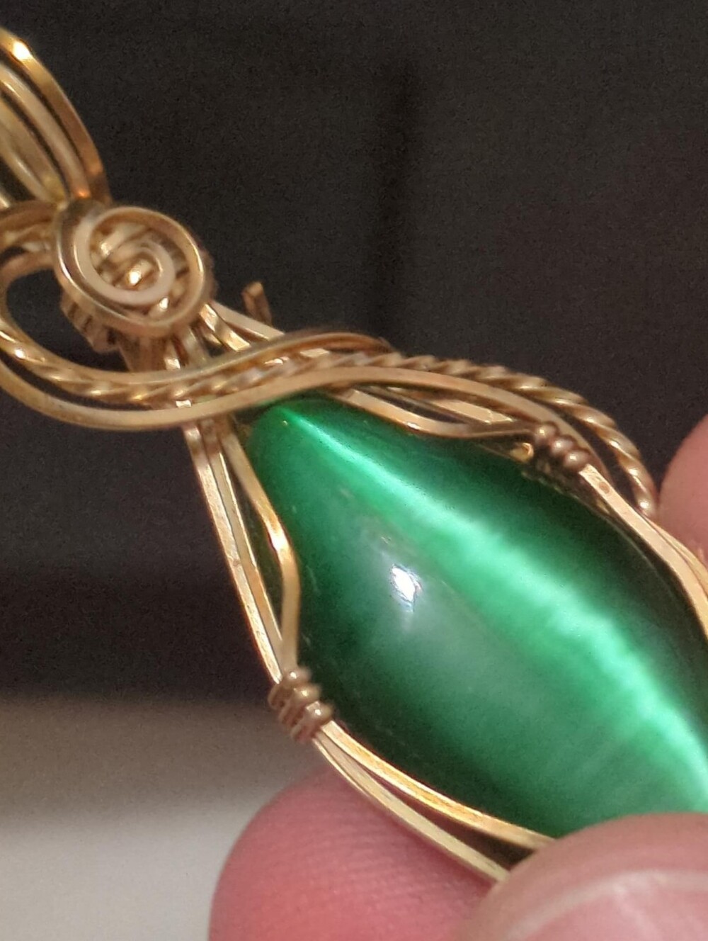 Green Cat's Eye Pendant Gold Filled Wire Wrapped Statement Necklace